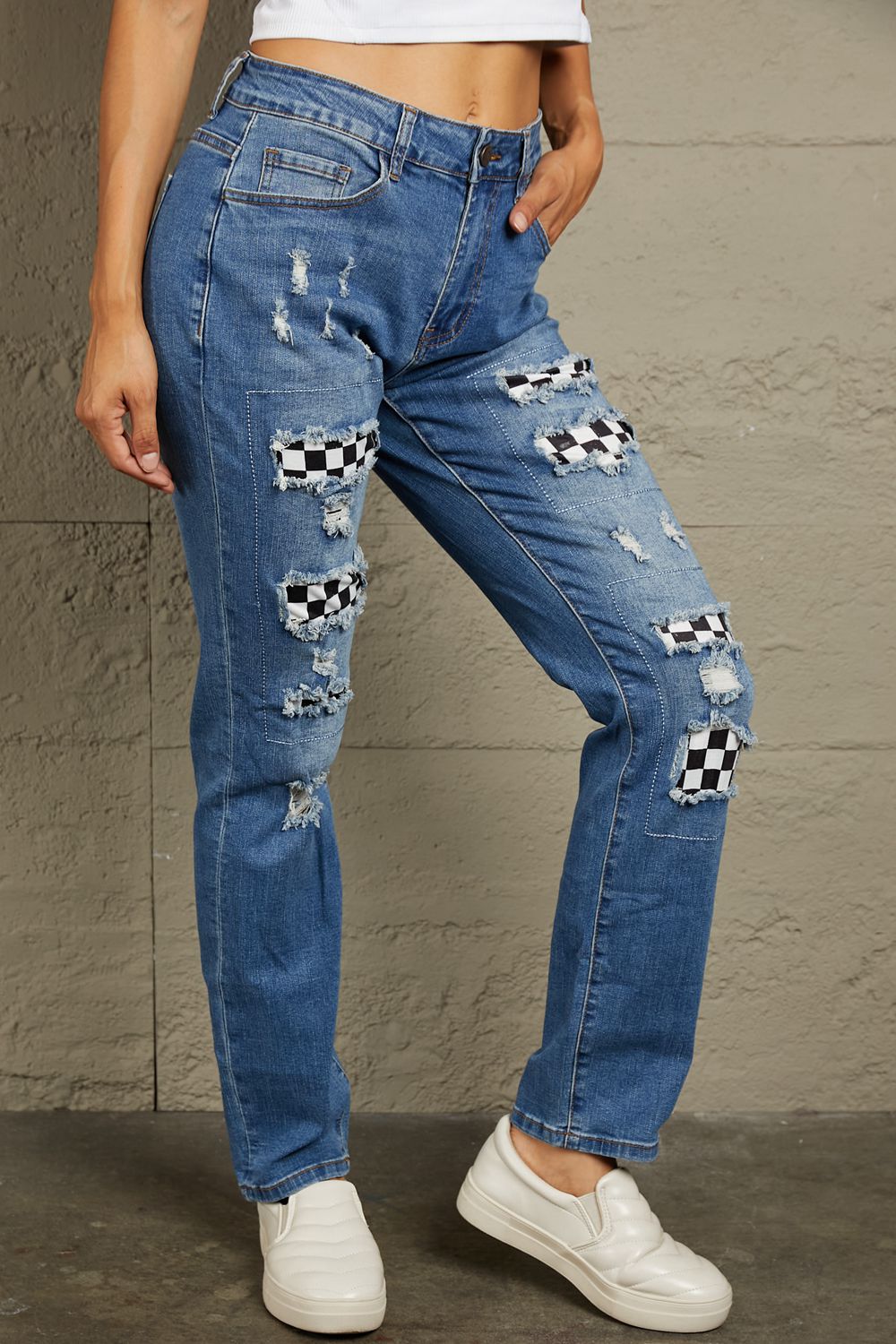 (S-2X) Radical Intentions Checkered Patchwork Mid Waist Distressed Jeans - BP