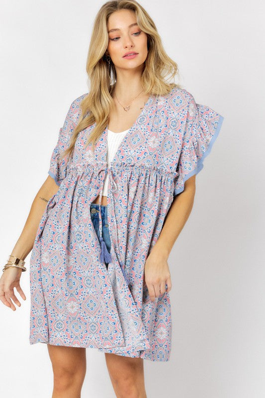 Cover Me In Daisies Printed Short Sleeve Ruffle Kimono (Davi & Dani)