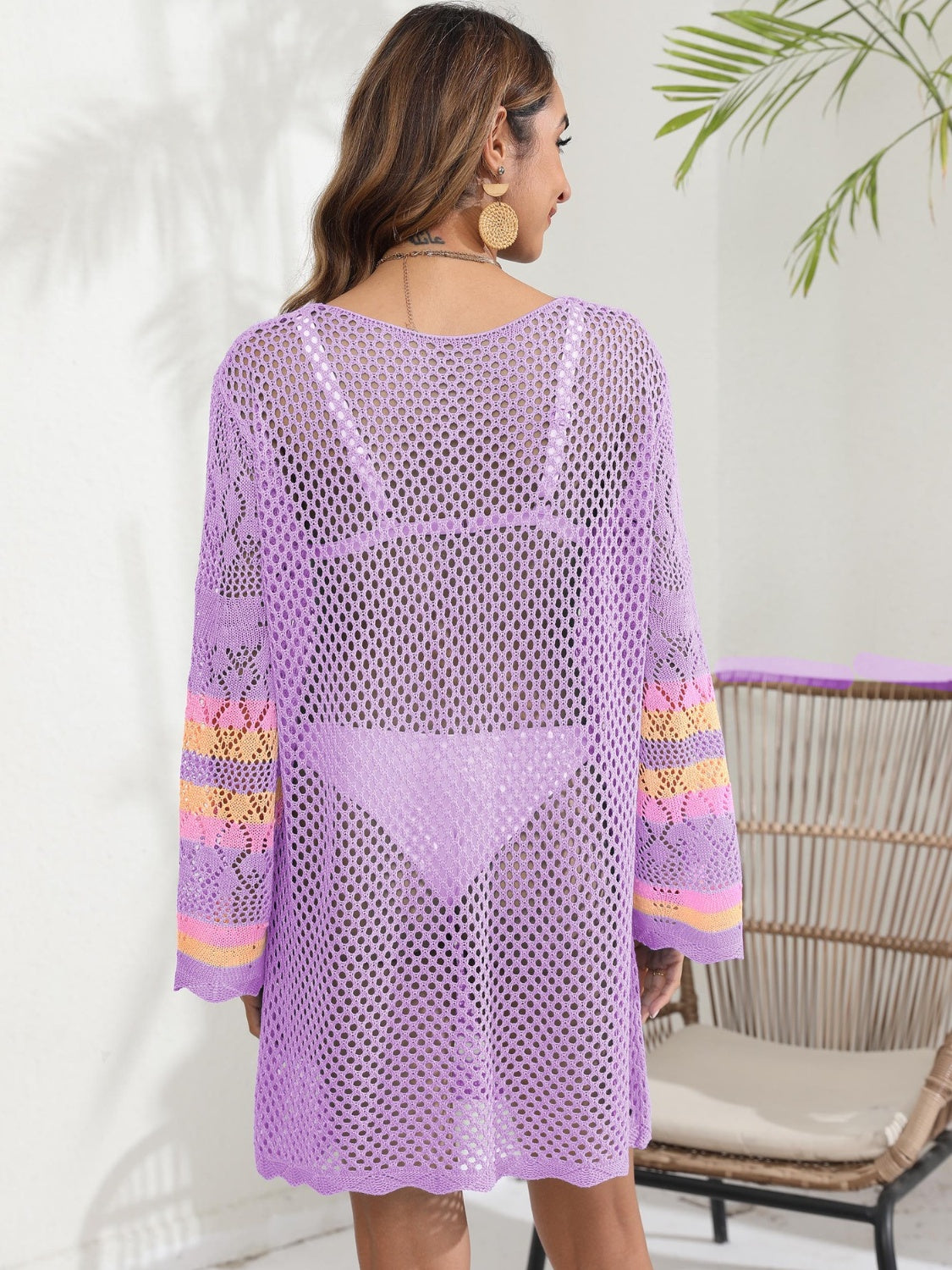 Bubbly Thoughts Openwork Contrast Long Sleeve Cover-Up (Multiple Colors)