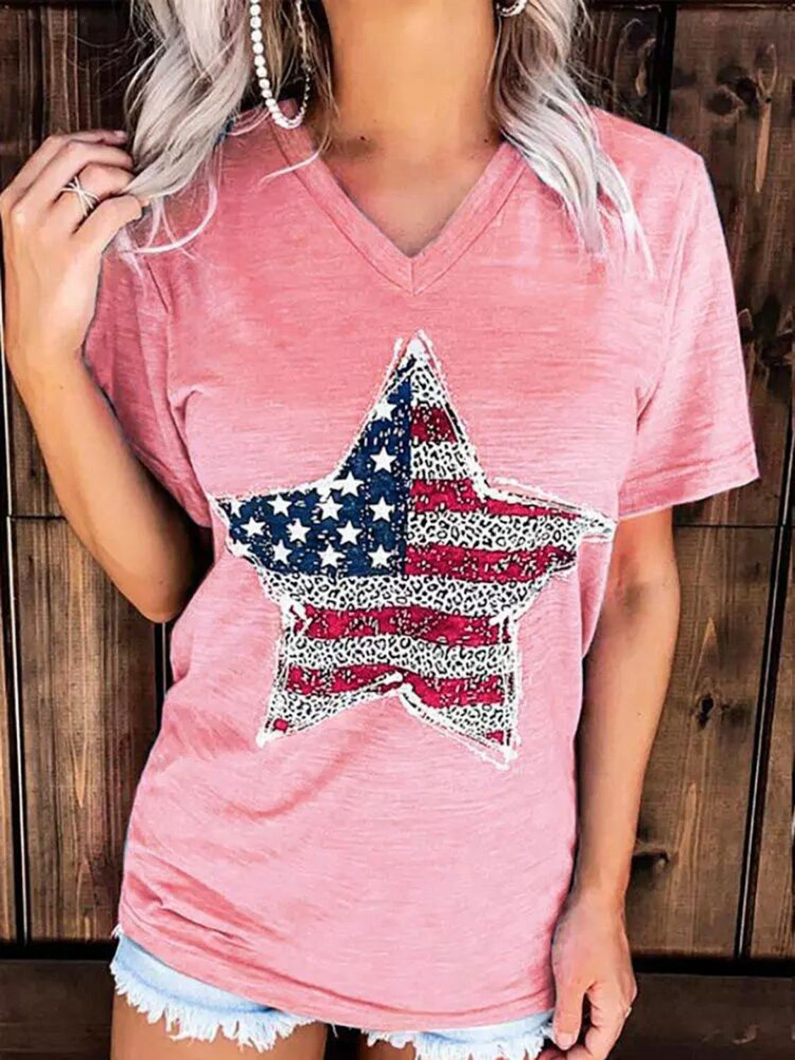 (S-2X) Stand For The Flags US Flag Graphic V-Neck Short Sleeve T-Shirt