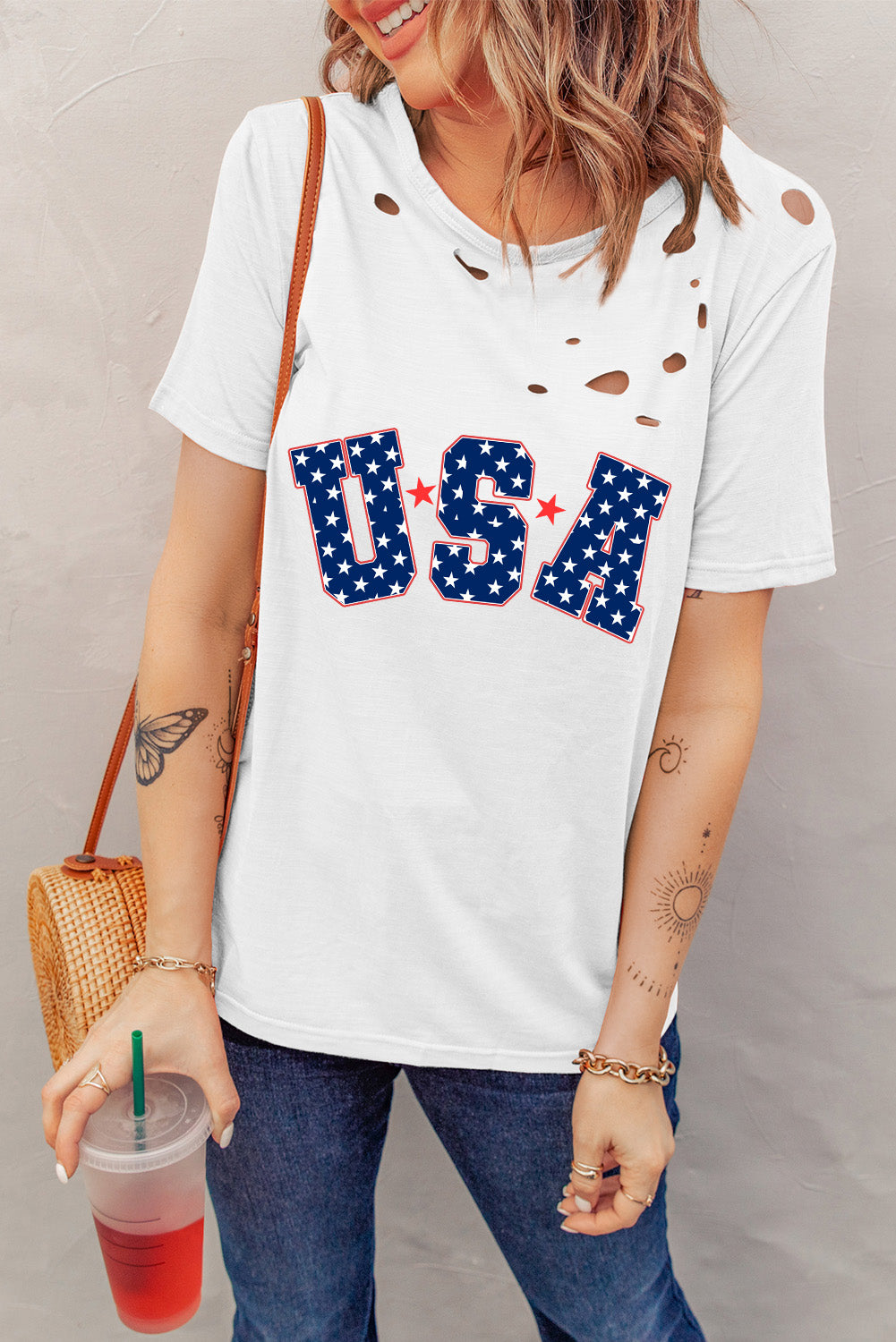 Living With Liberty Distressed USA Round Neck Short Sleeve T-Shirt