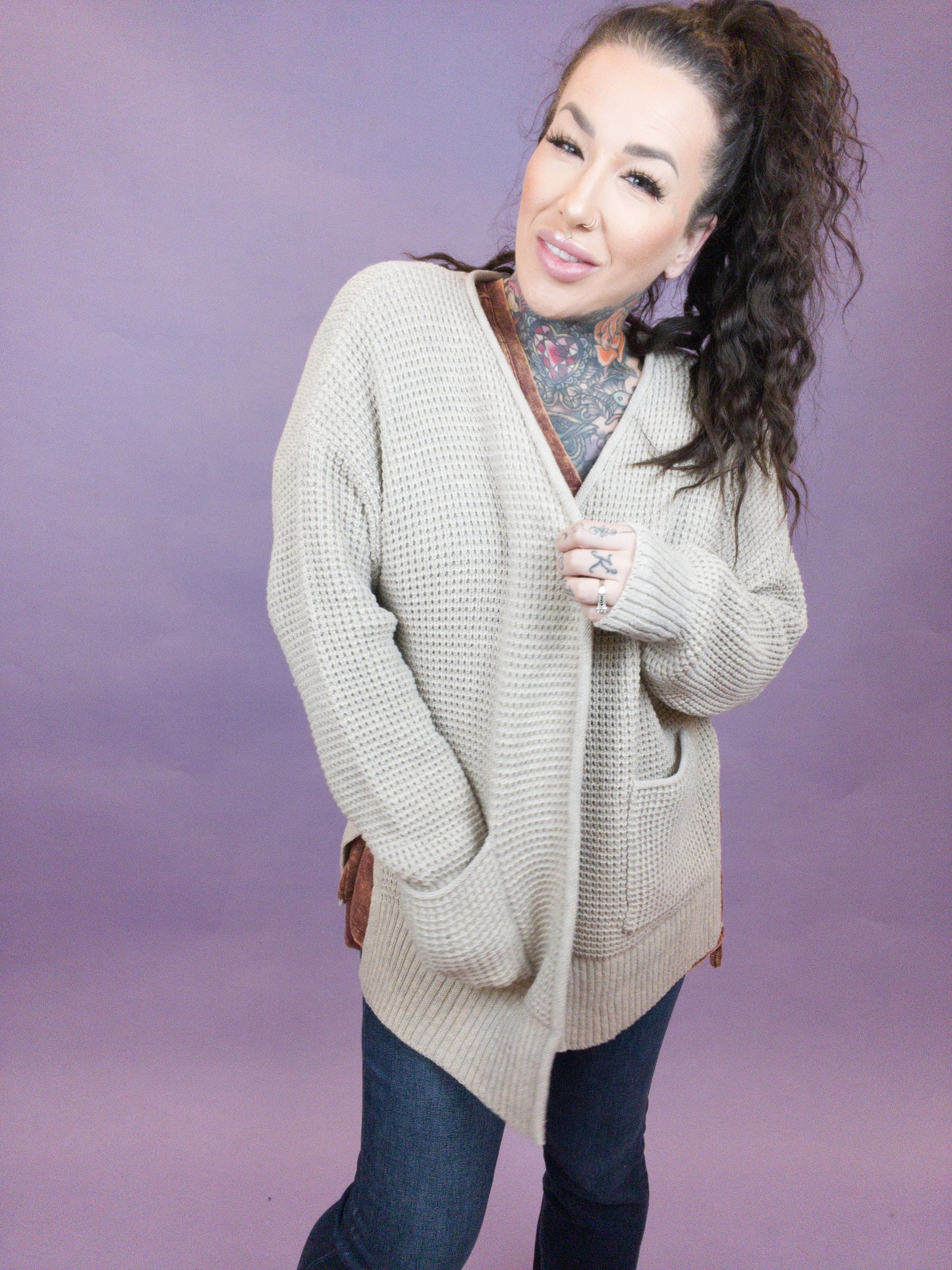 Curvy - Coffee & Library ALL Day Waffle Open Cardigan (MULTIPLE COLORS)