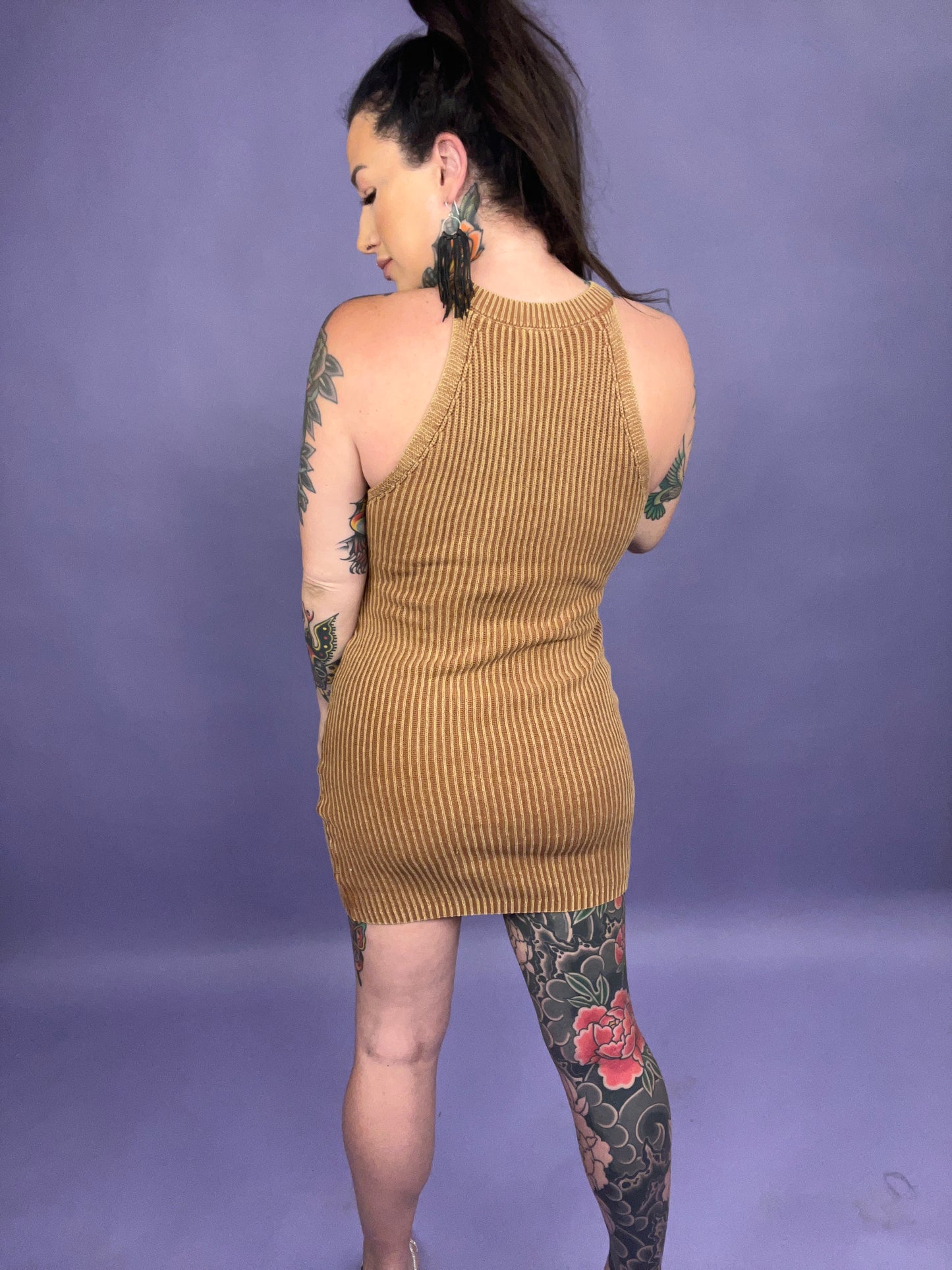 Melted Caramel Ribbed Bodycon Sleeveless Sweater Dress