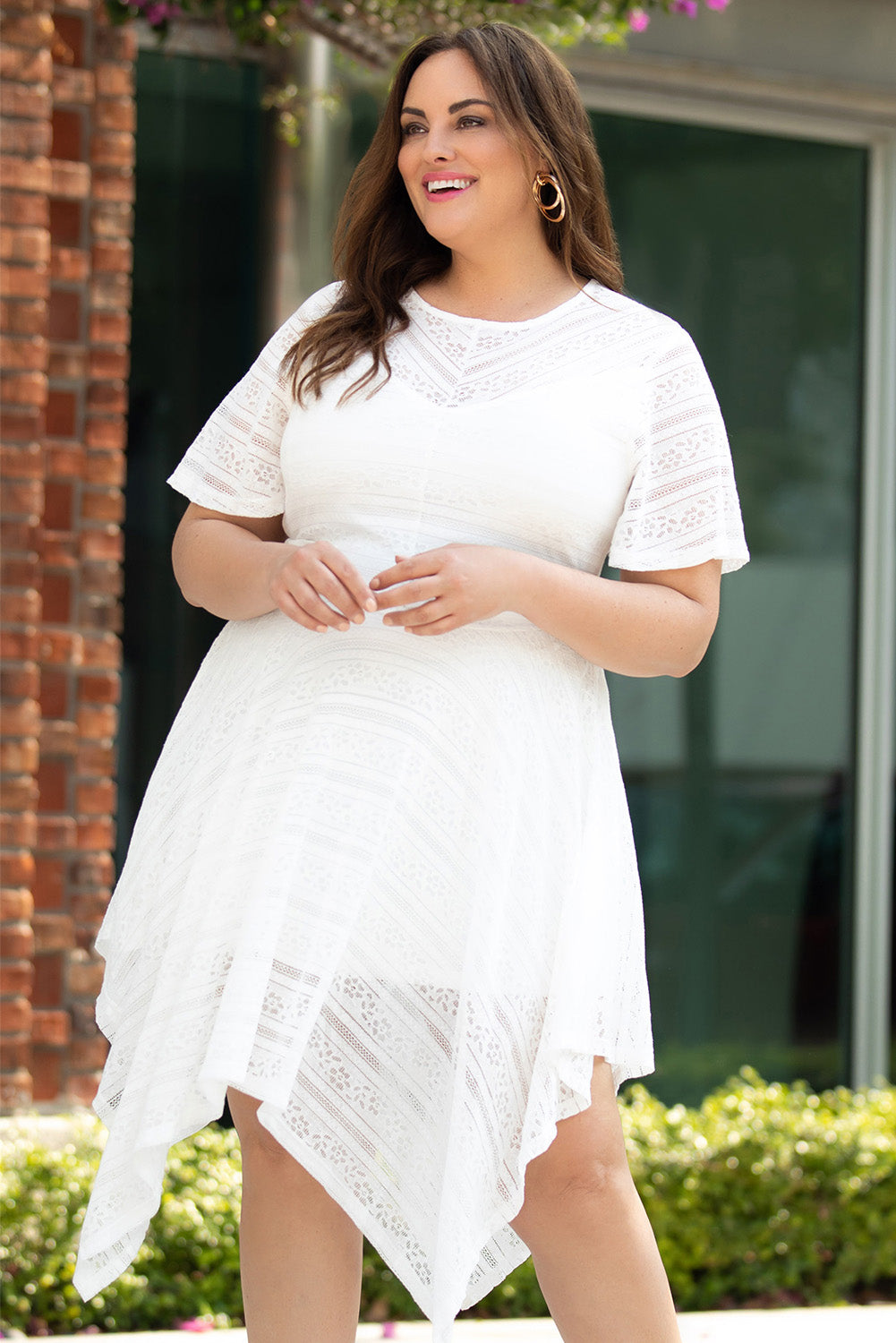 (Curvy) Such A Delight Round Neck Short Sleeve Lace Trim Dress - BP