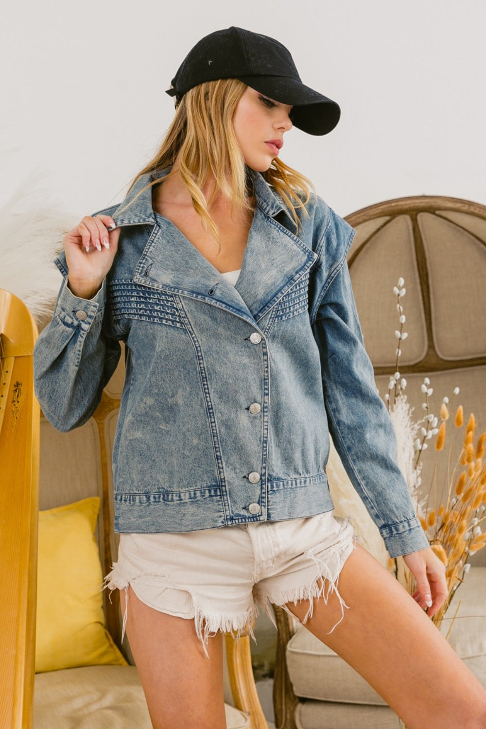 With Stylish Ease Button Up Long Sleeve Denim Jacket - BP