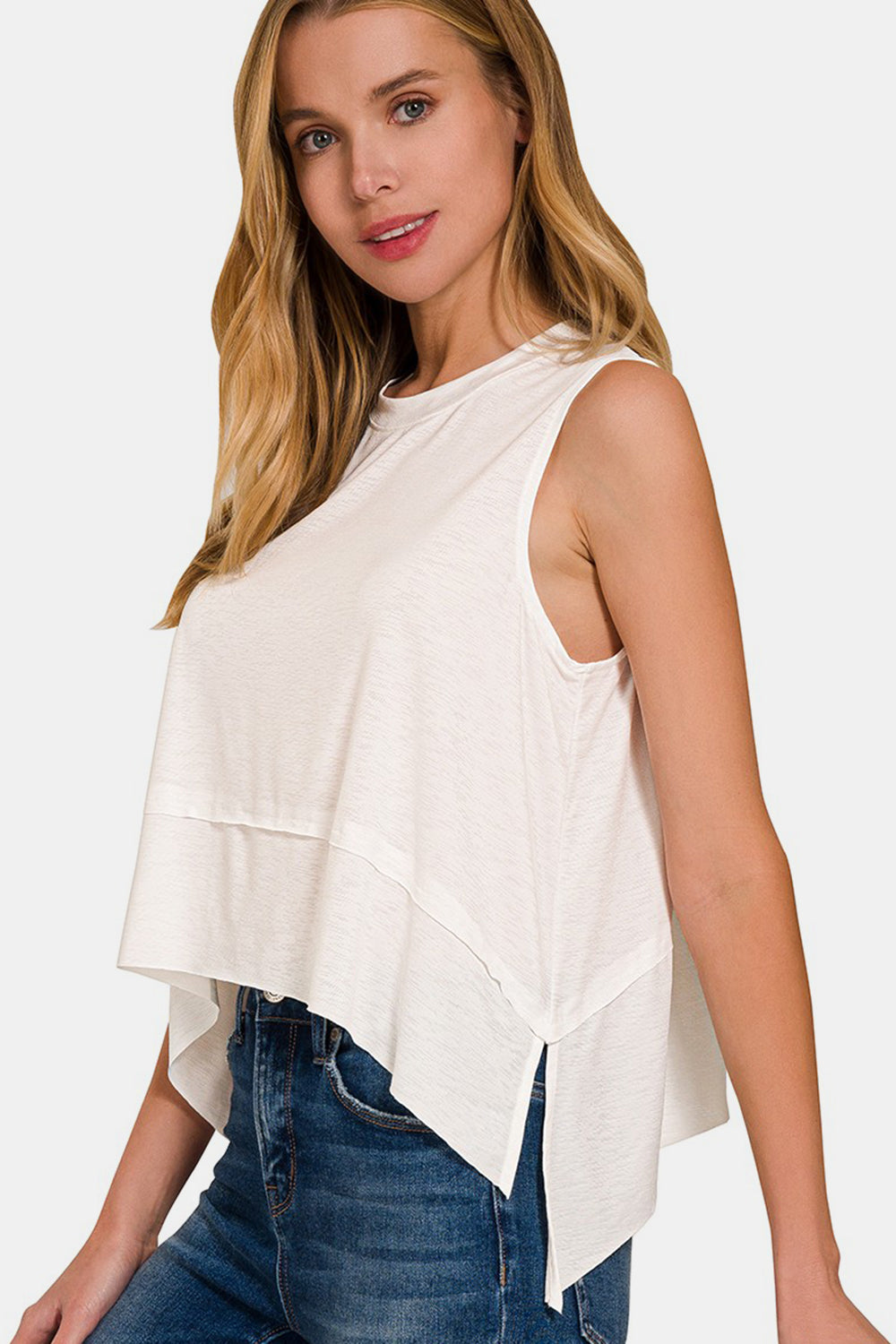 Growing Into Greatness Slit High-Low Round Neck Tank (Zenana)