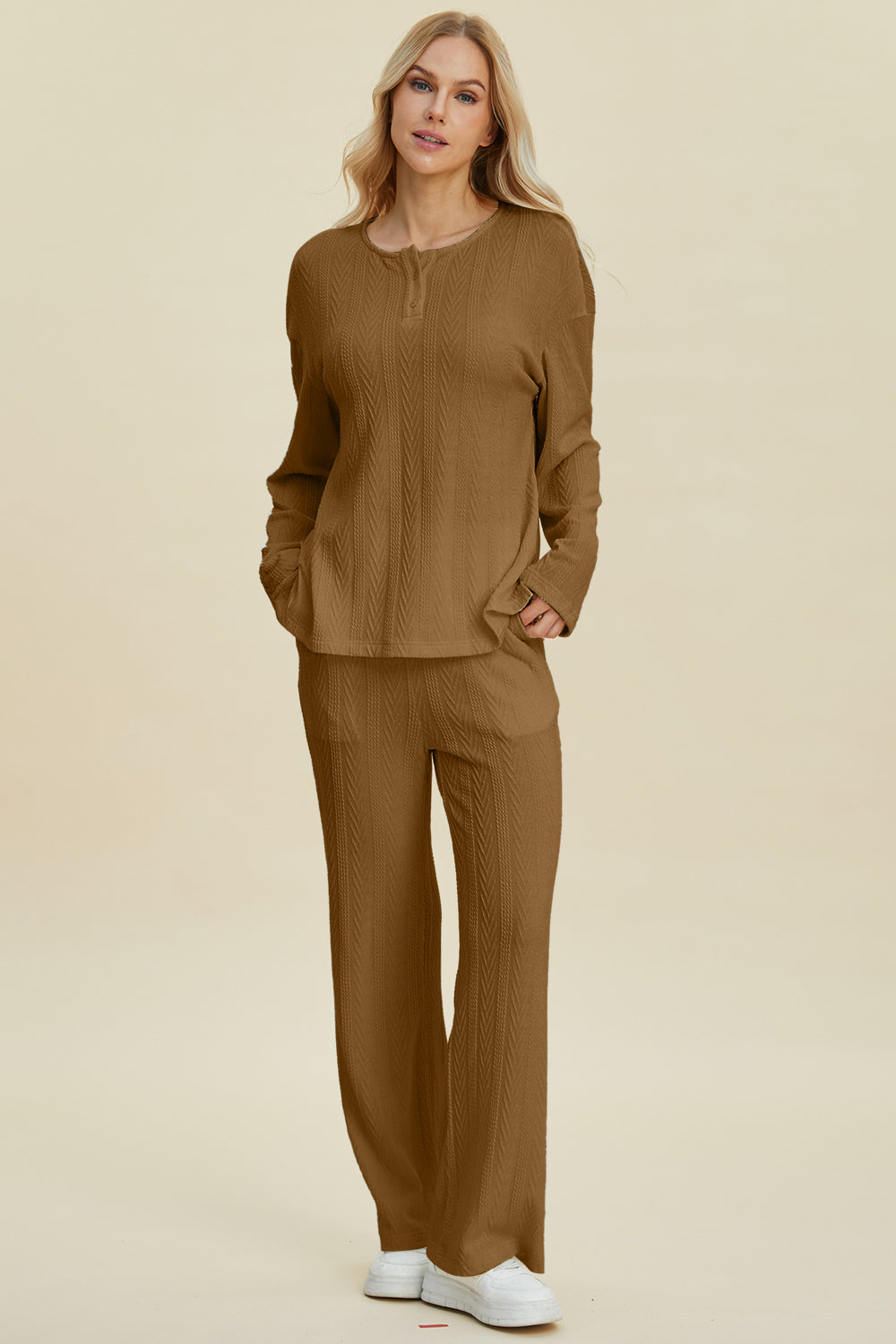 (S-3X /Multiple Colors) Trust Me Double Take Cable-Knit Long Sleeve Top and Pants Set