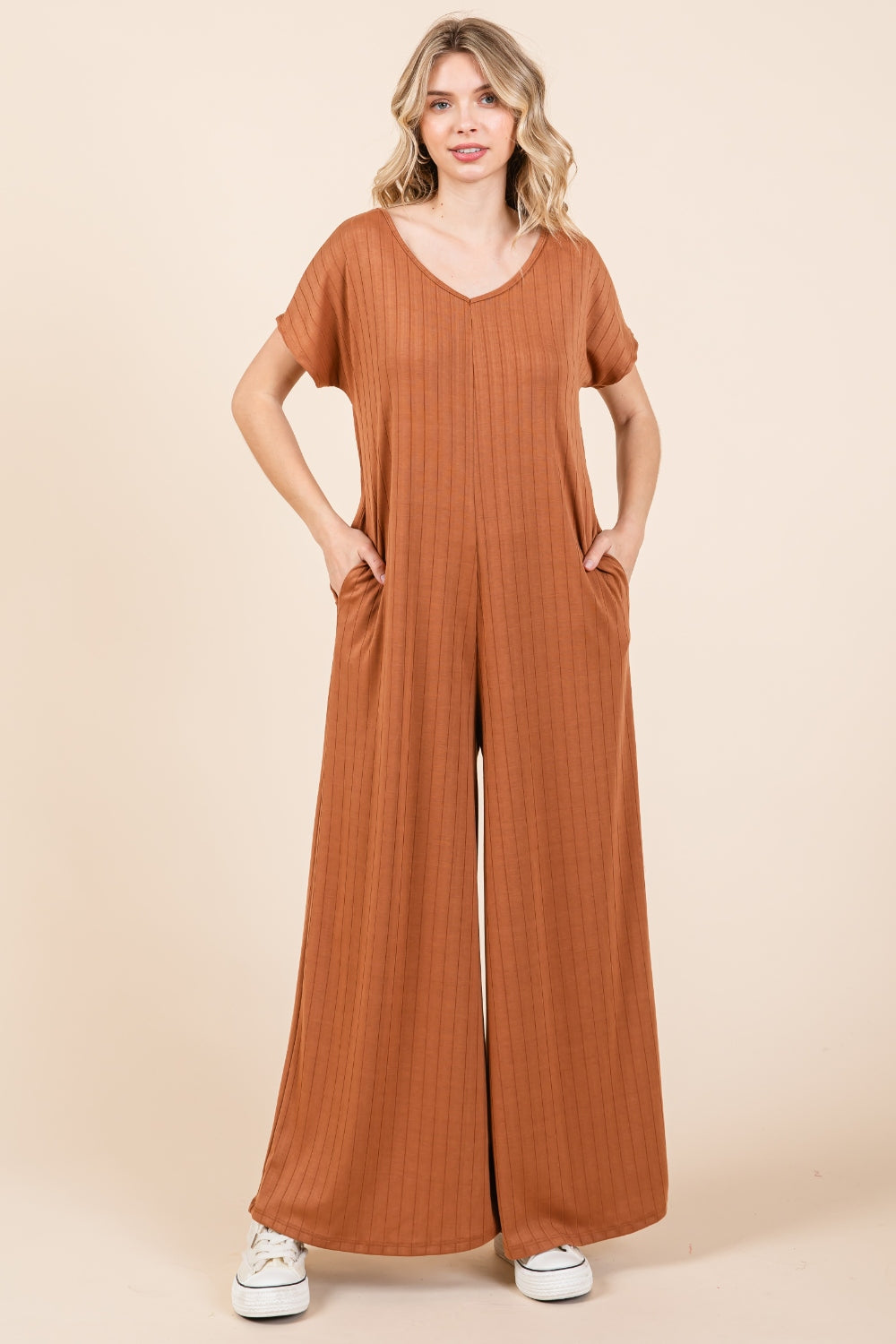 BOMBOM Executive Behavior Ribbed Short Sleeve Wide Leg Jumpsuit - BP