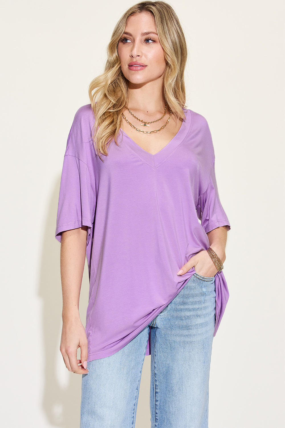 Basically Basic Bamboo V-Neck Drop Shoulder T-Shirt (Multiple Colors) - BP