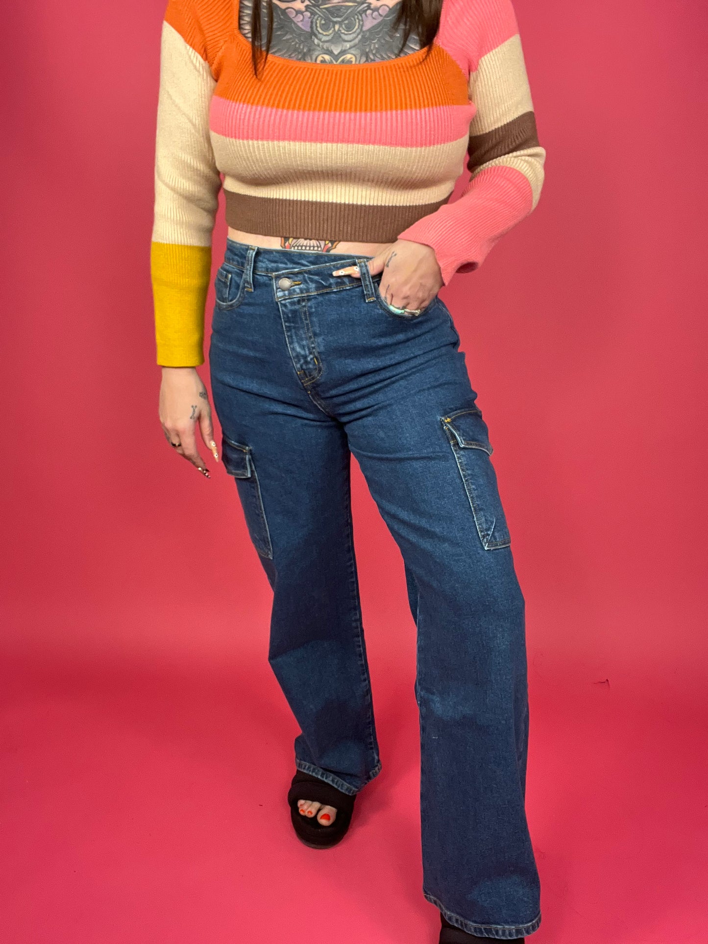 Vibrant M.I.U. - High Rise Crossed Waist Cargo Wide Jeans - BP