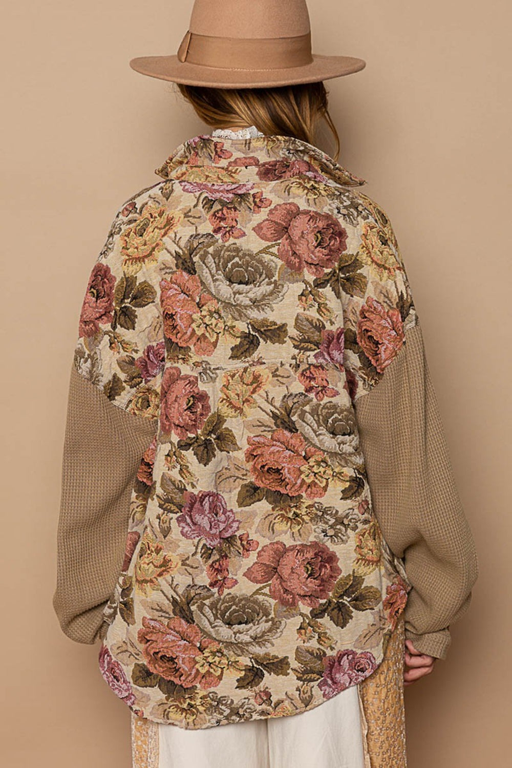 Blossoms Of Blooms (POL) Contrast Sleeves Button Down Floral Jacquard Shirt