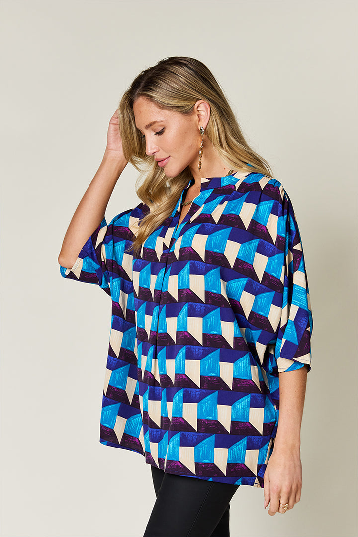 (S-3X) Reading The Signs Full Size Geometric Notched Half Sleeve Blouse (Double Take) - BP