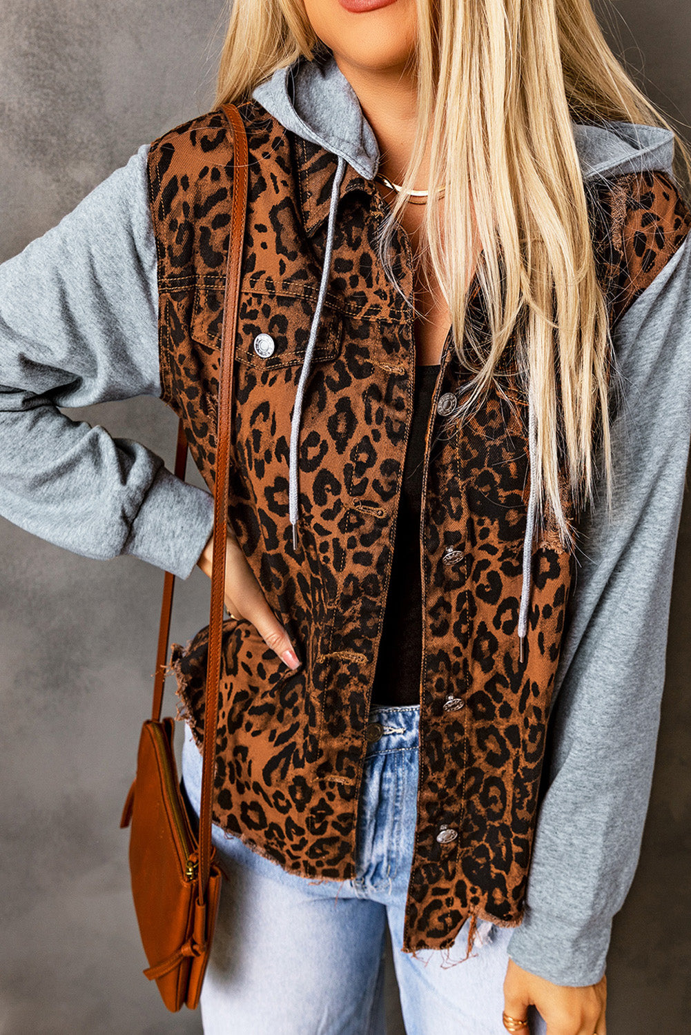 Forever Crush Leopard Distressed Drawstring Hooded Denim Jacket - BP