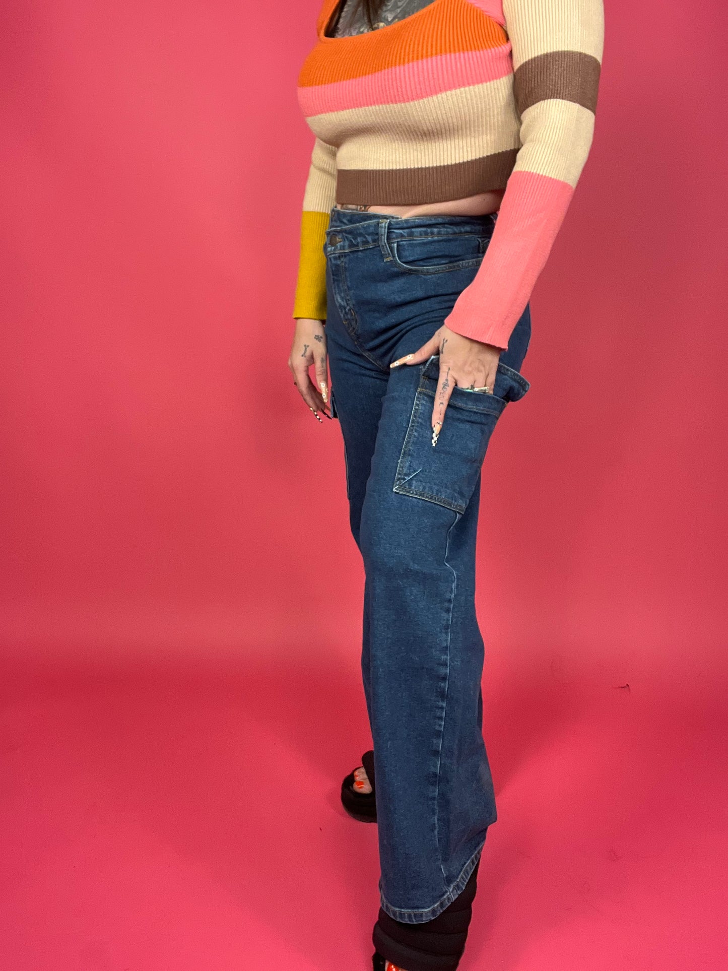 Vibrant M.I.U. - High Rise Crossed Waist Cargo Wide Jeans - BP