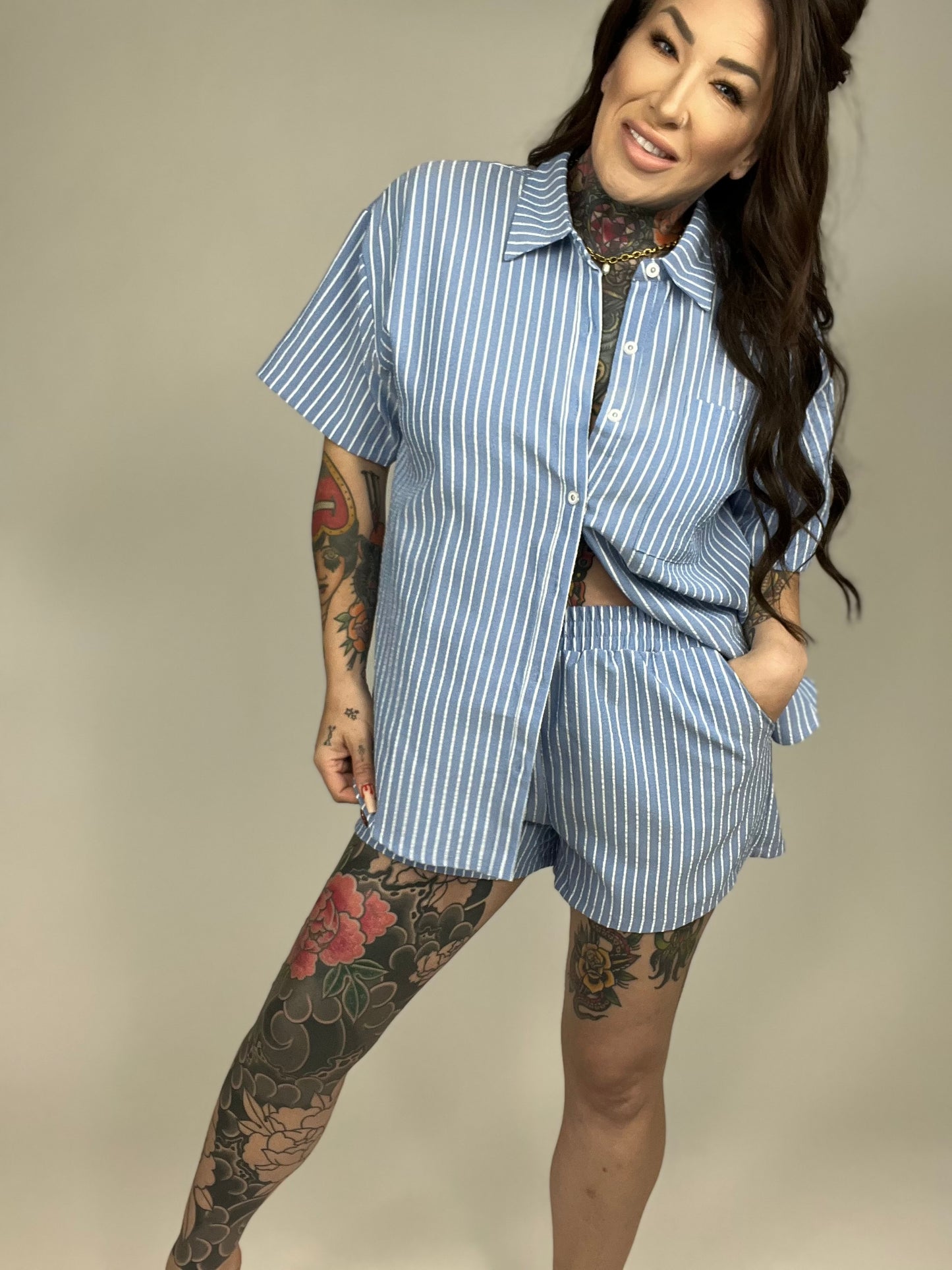 Sail Away Button Down Shorts 2 Piece Set (Multiple Colors)