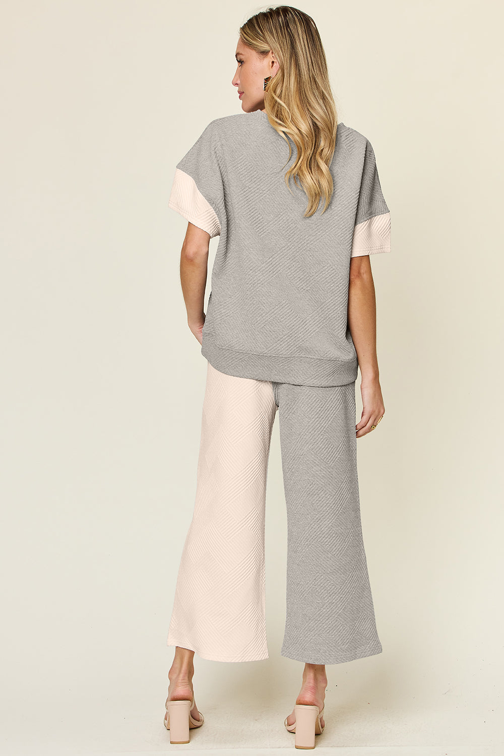 Block The Haters Double Take Full Size Texture Contrast T-Shirt and Wide Leg Pants Set