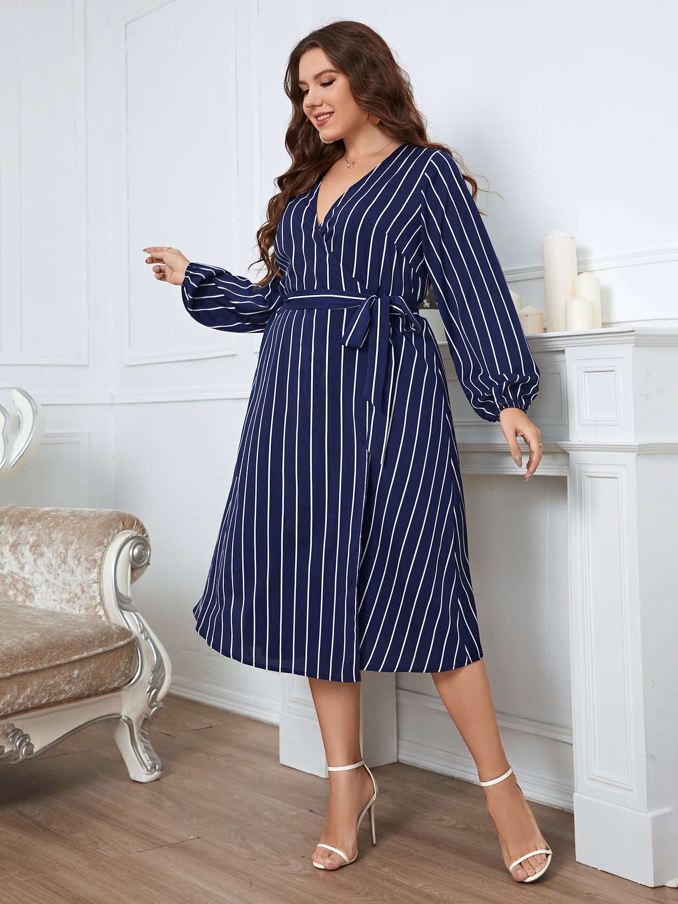 (1X-4X) Wicked Fun Melo Apparel Striped Surplice Neck Long Sleeve Dress