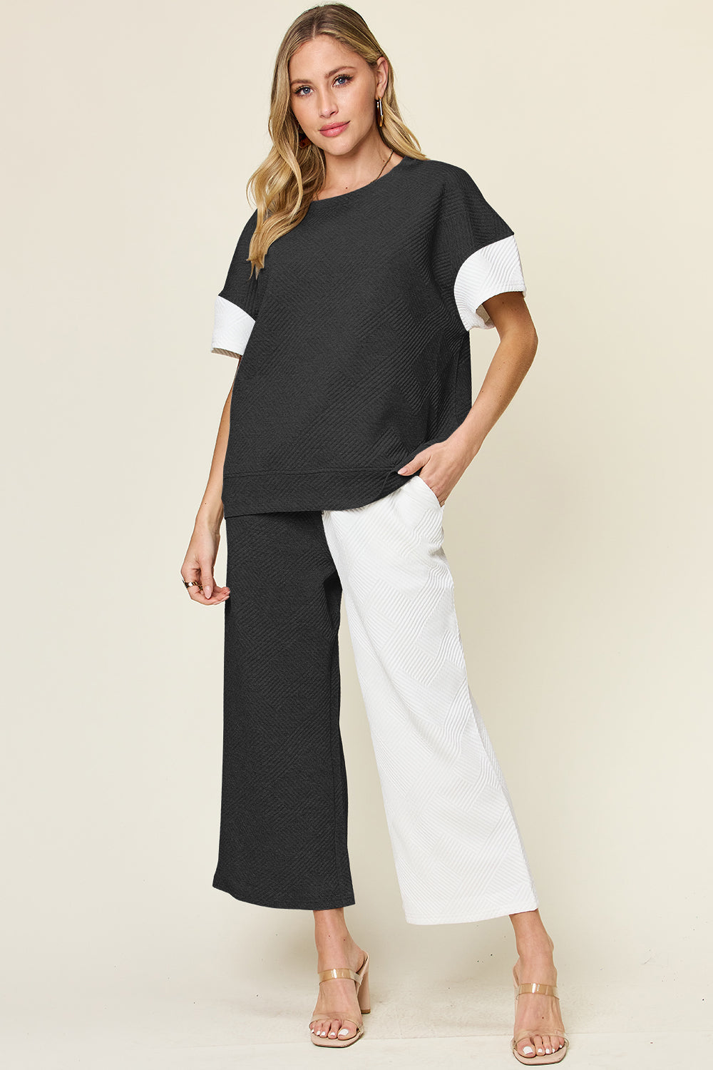 Block The Haters Double Take Full Size Texture Contrast T-Shirt and Wide Leg Pants Set