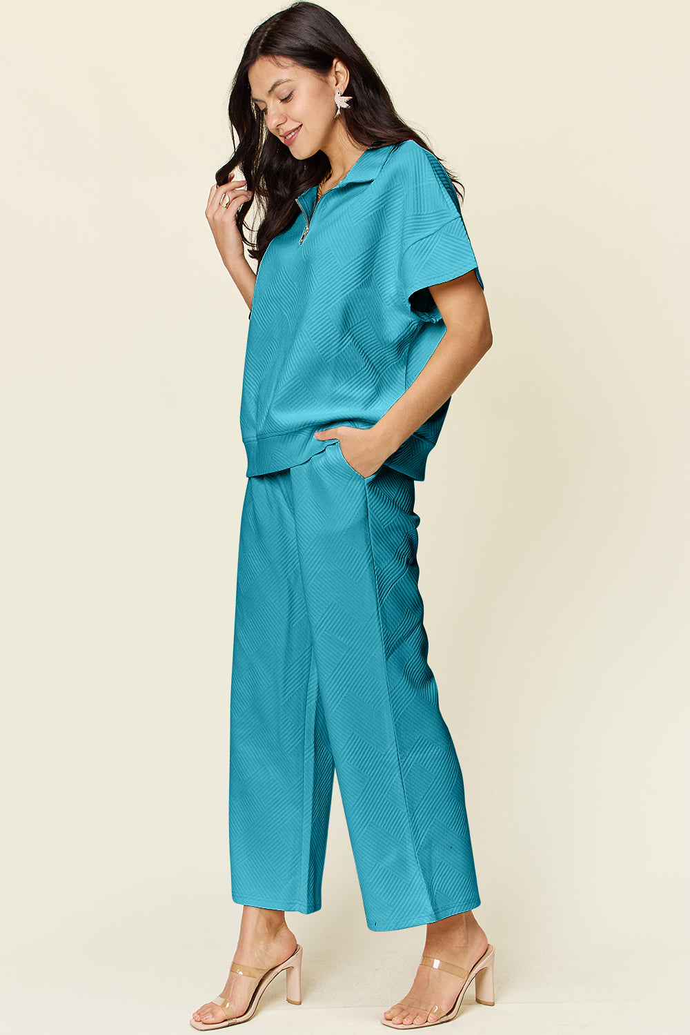 Trying Again Texture Half Zip Short Sleeve Top and Pants Set (Multiple Colors) - BP