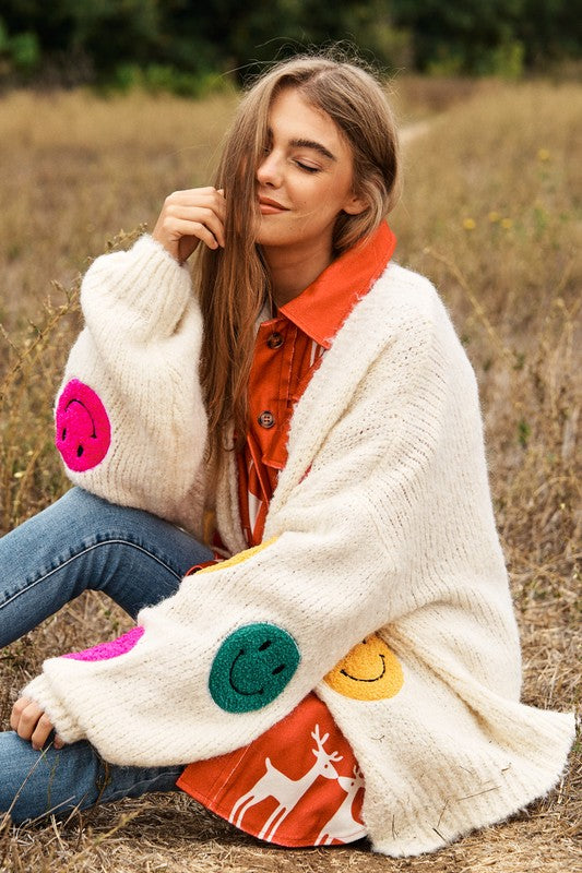 Keep Me Happy Fuzzy Smile Long Bell Sleeve Knit Cardigan