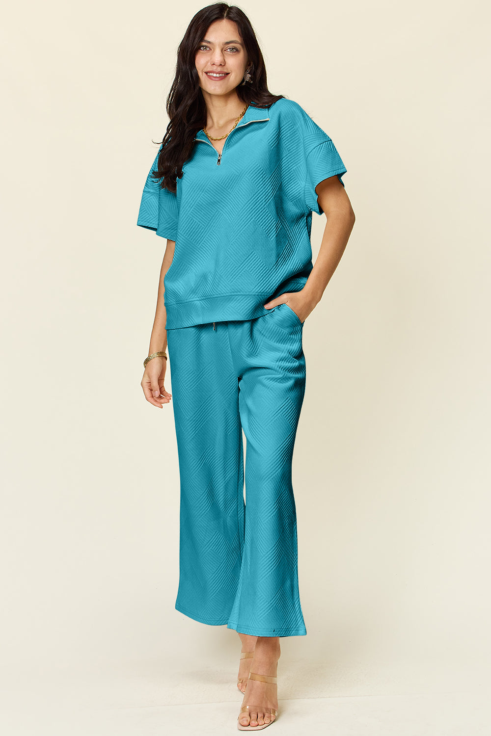 Trying Again Texture Half Zip Short Sleeve Top and Pants Set (Multiple Colors) - BP