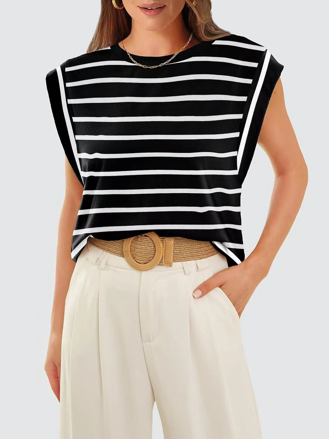 (S-2X) Happiest Here Striped Round Neck Cap Sleeve T-Shirt (Multiple Colors)