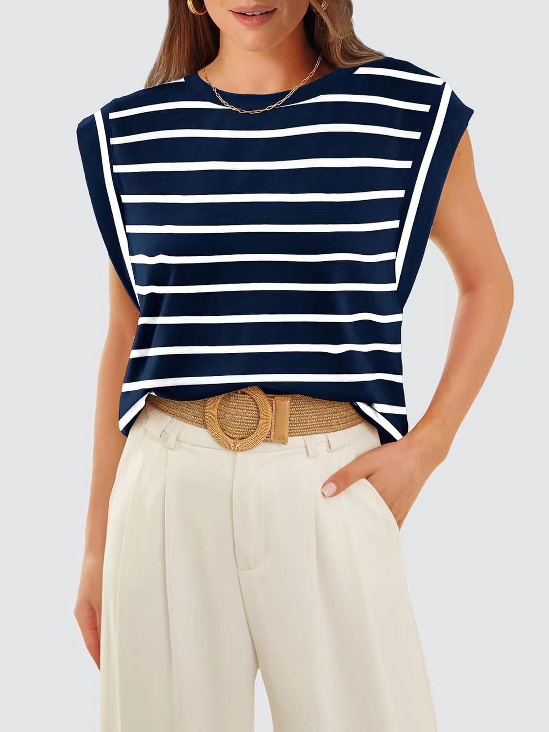 (S-2X) Happiest Here Striped Round Neck Cap Sleeve T-Shirt (Multiple Colors)