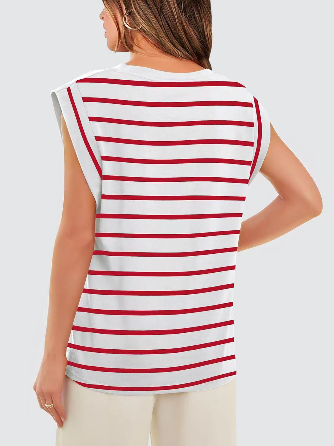 (S-2X) Happiest Here Striped Round Neck Cap Sleeve T-Shirt (Multiple Colors)