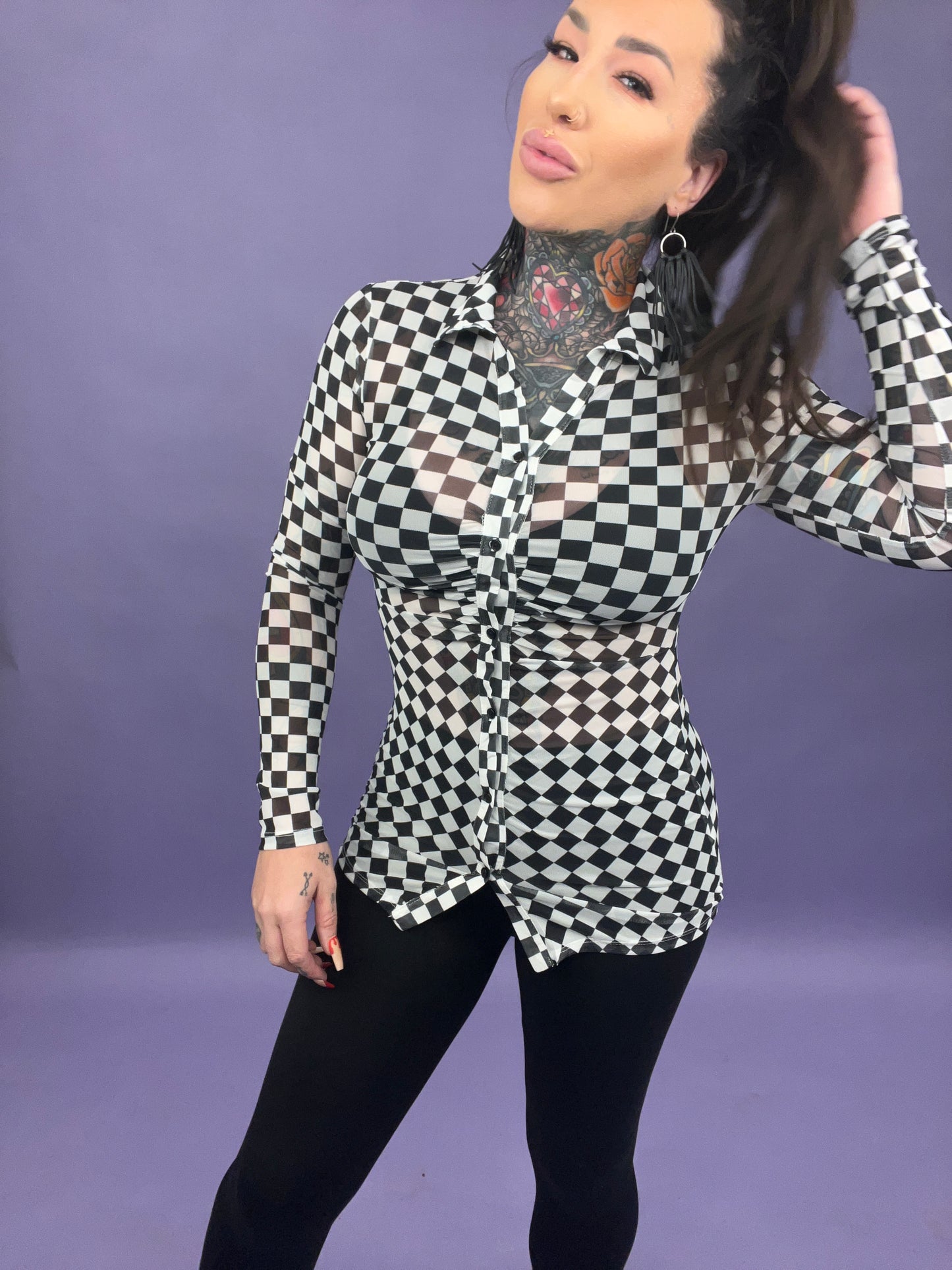 Checkered Flag Is Flying Mesh Button Down Top