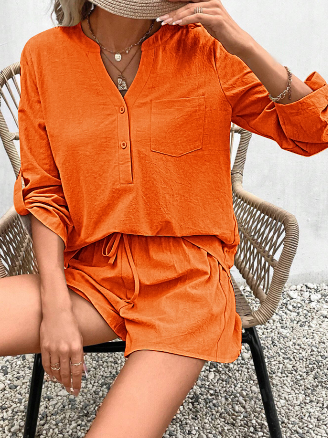 Just The Truth Notched Long Sleeve Top and Shorts Set (Multiple Colors)