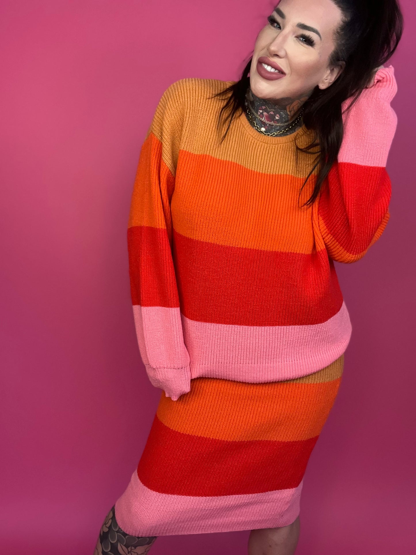 (TOP) Bold Rainbow Stripe Oversized Chunky Knit Pullover (MULTIPLE COLOR OPTIONS) - BP