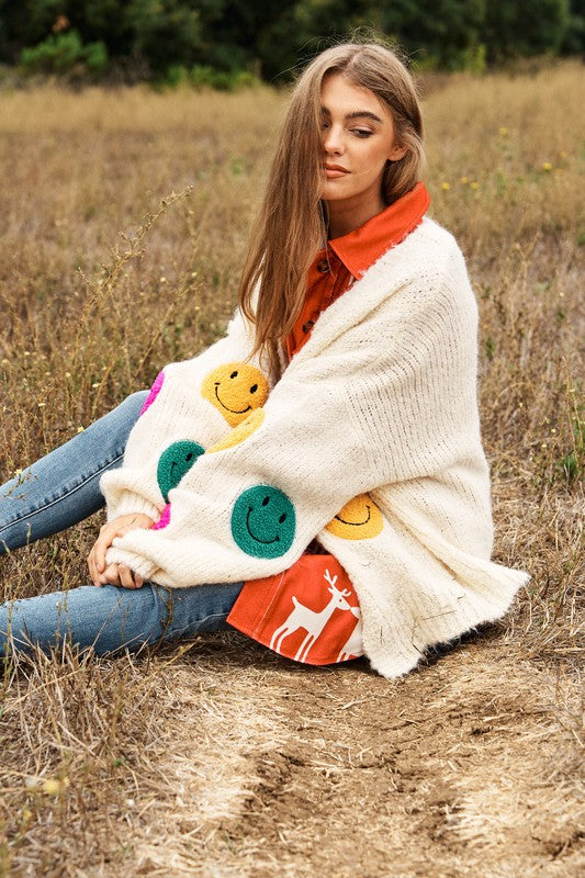 Keep Me Happy Fuzzy Smile Long Bell Sleeve Knit Cardigan