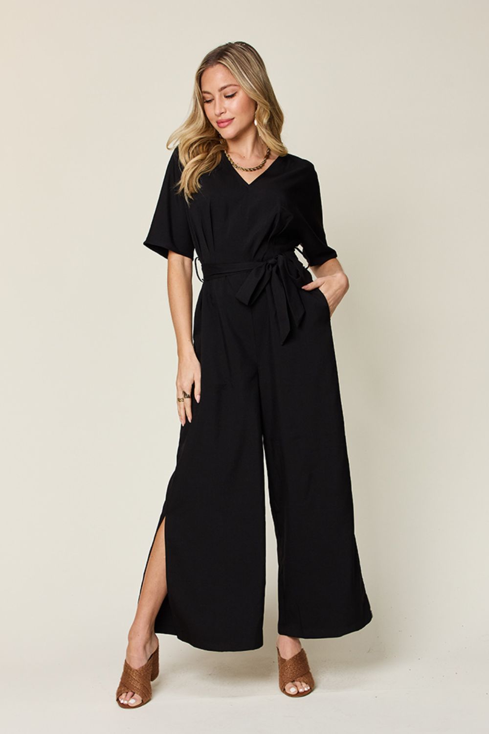 (S-3X) Midnight Masquerade V-Neck Tie Front Short Sleeve Slit Jumpsuit (Double Take) - BP