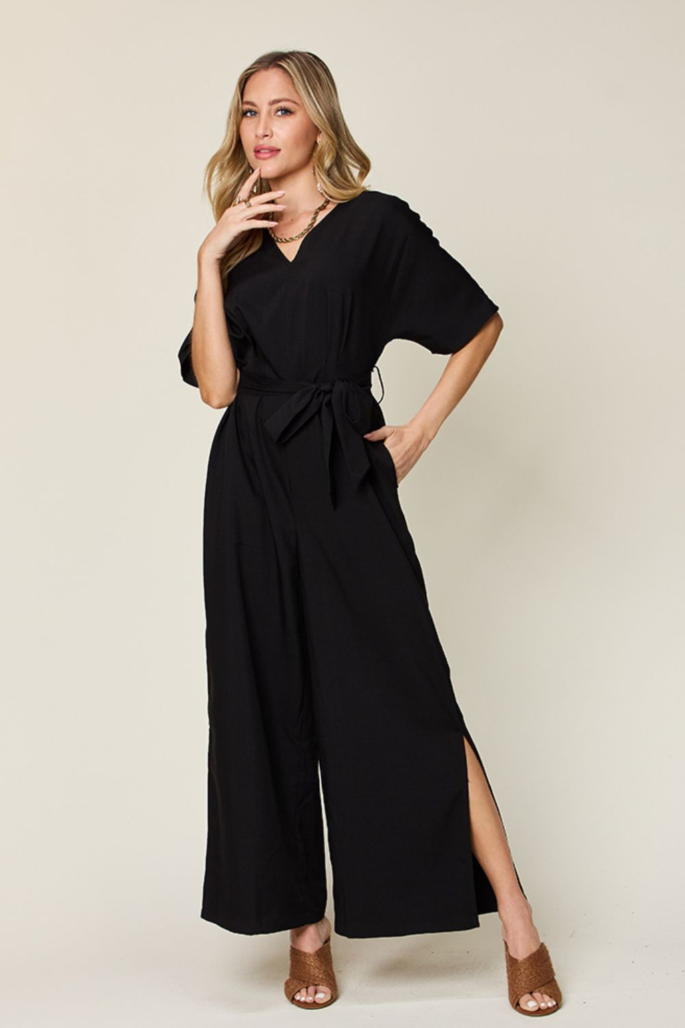 (S-3X) Midnight Masquerade V-Neck Tie Front Short Sleeve Slit Jumpsuit (Double Take) - BP