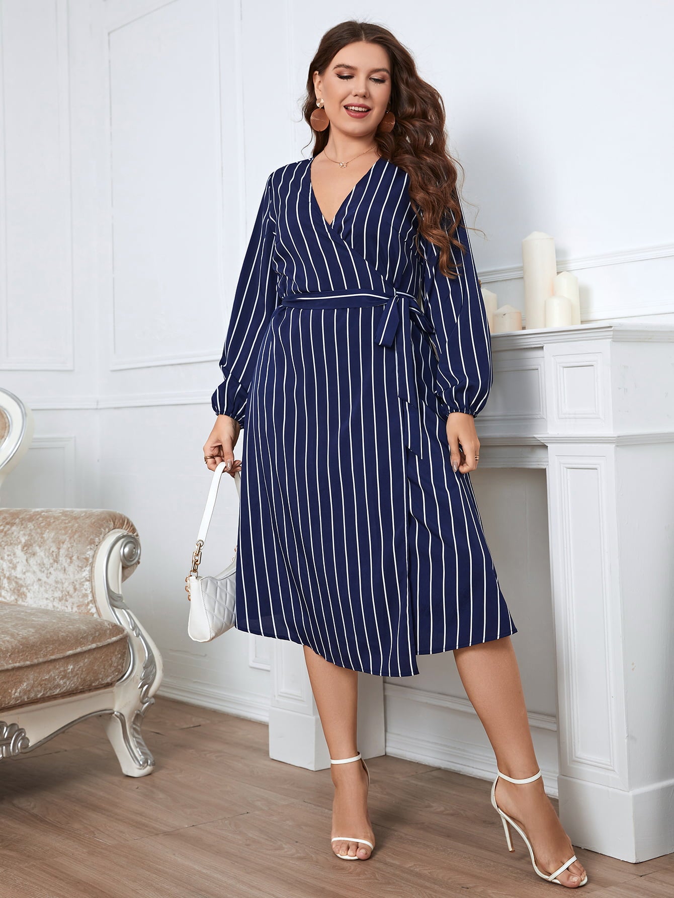 (1X-4X) Wicked Fun Melo Apparel Striped Surplice Neck Long Sleeve Dress