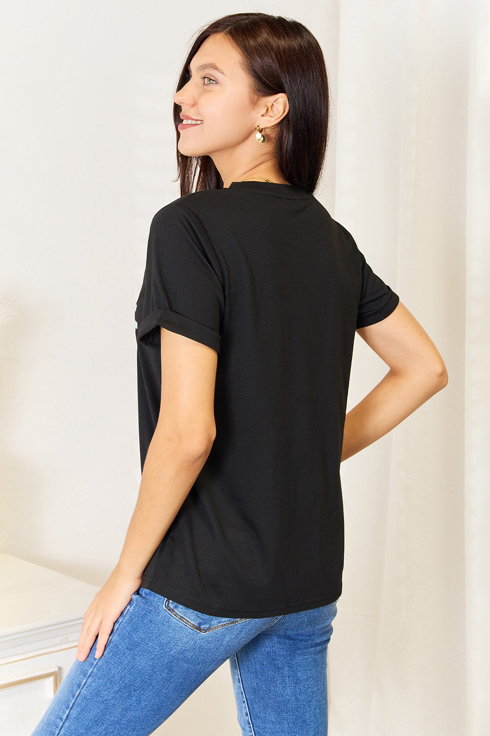 (S-2X) Expensive But Difficult Graphic Cuffed Sleeve T-Shirt