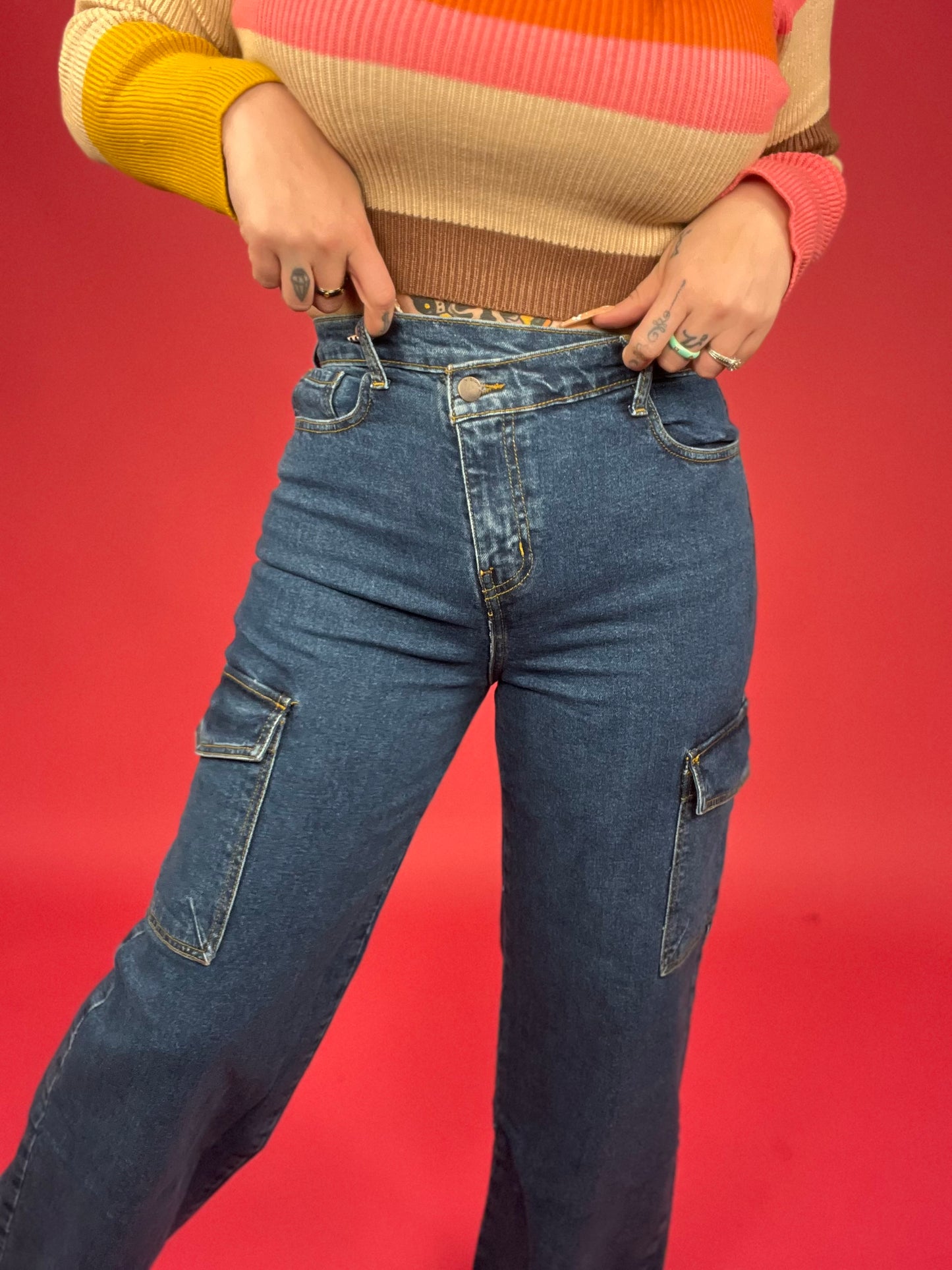 Vibrant M.I.U. - High Rise Crossed Waist Cargo Wide Jeans - BP