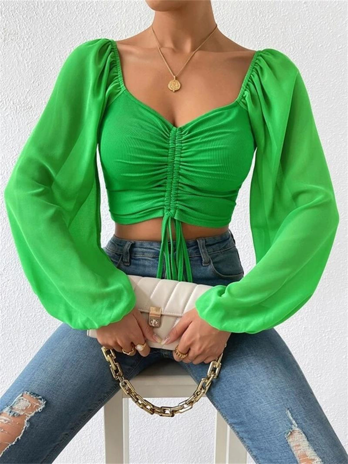 Elegantly Charming Drawstring Sweetheart Neck Cropped Top (Multiple Colors) - BP