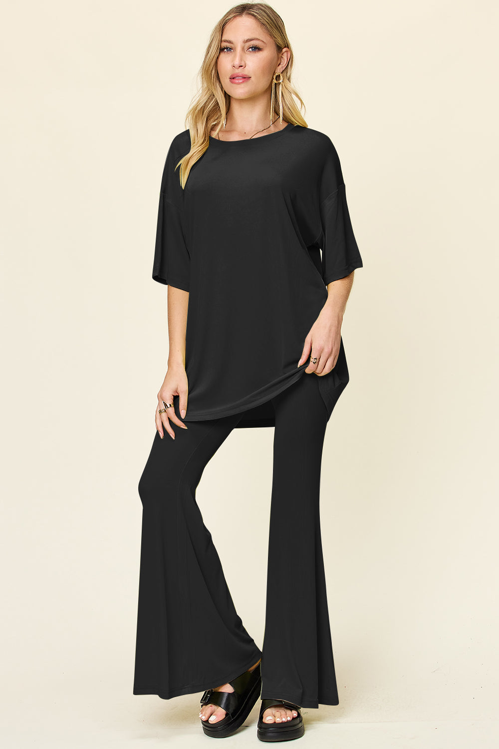 Enter The Chill Zone Round Neck Drop Shoulder T-Shirt and Flare Pants Set (Multiple Colors) - BP