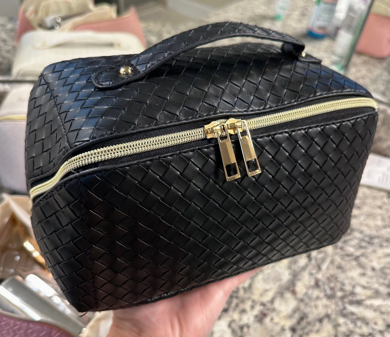 Sleek Woven Large Makeup Bag