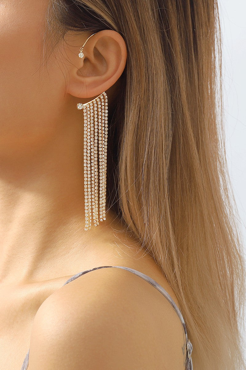 Glam Shot Long Tassel Rhinestone Ear Cuff Hanging Earrings