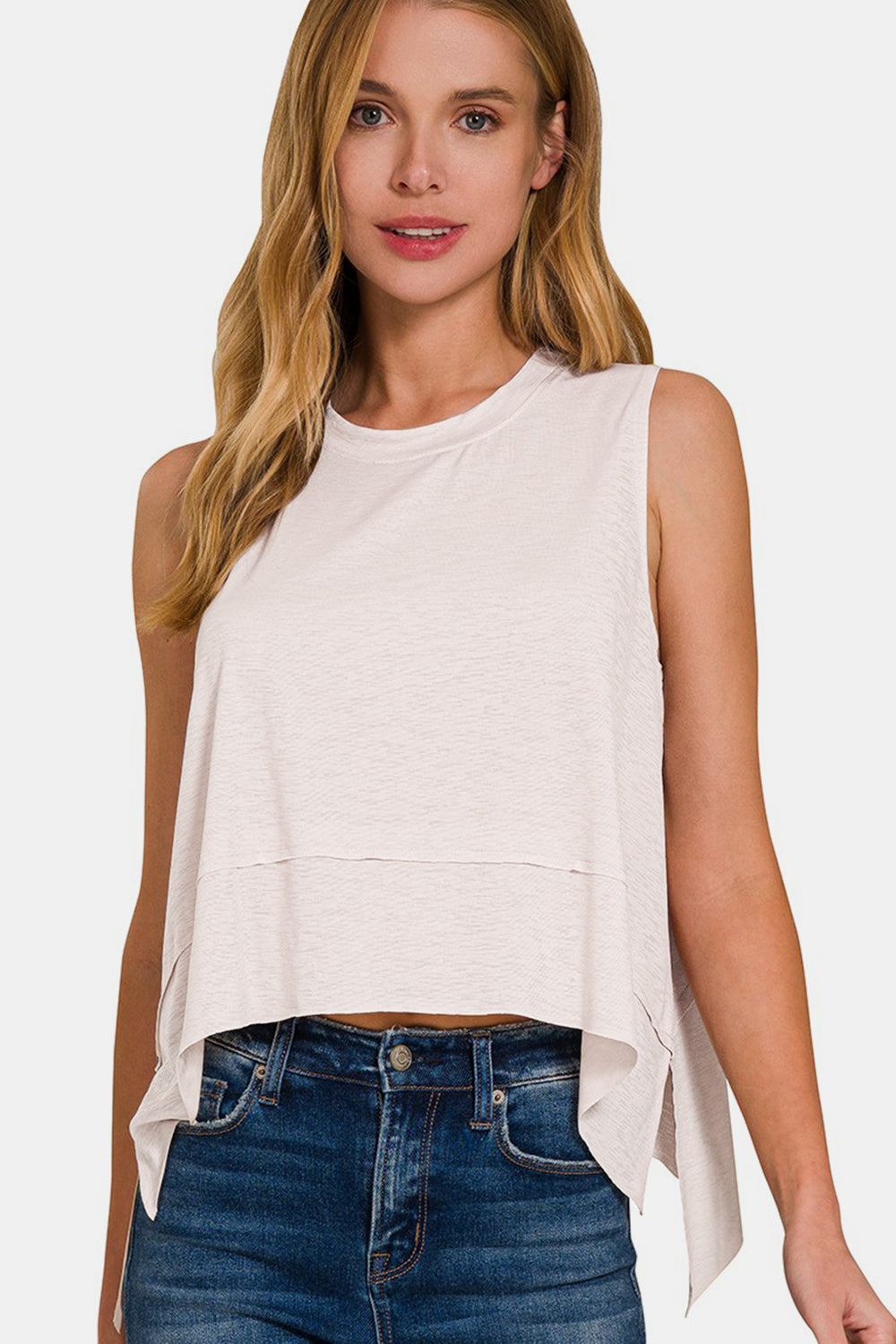 Growing Into Greatness Slit High-Low Round Neck Tank (Zenana)