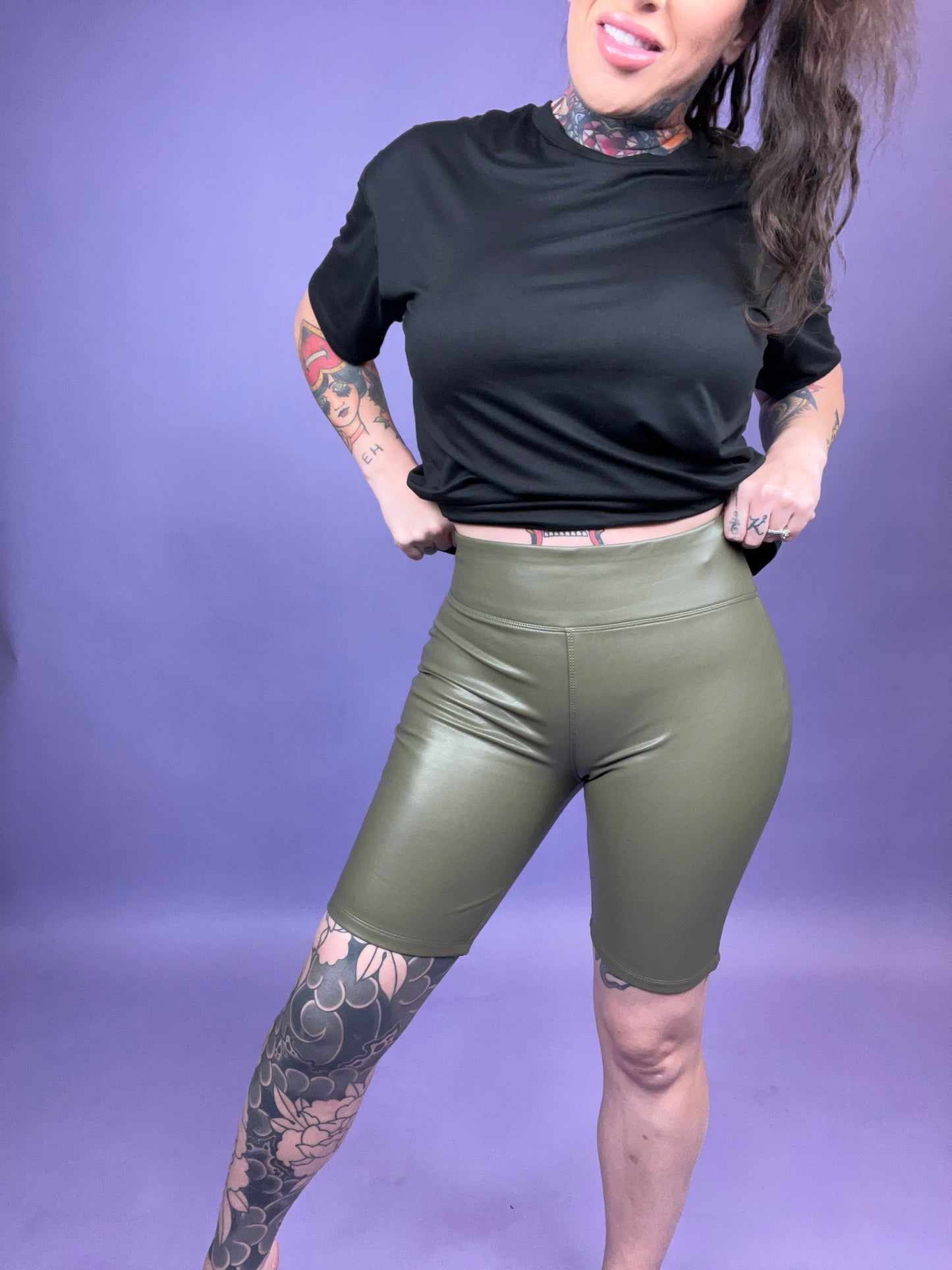 Olive Juice Vegan High Rise Pull On Biker Shorts