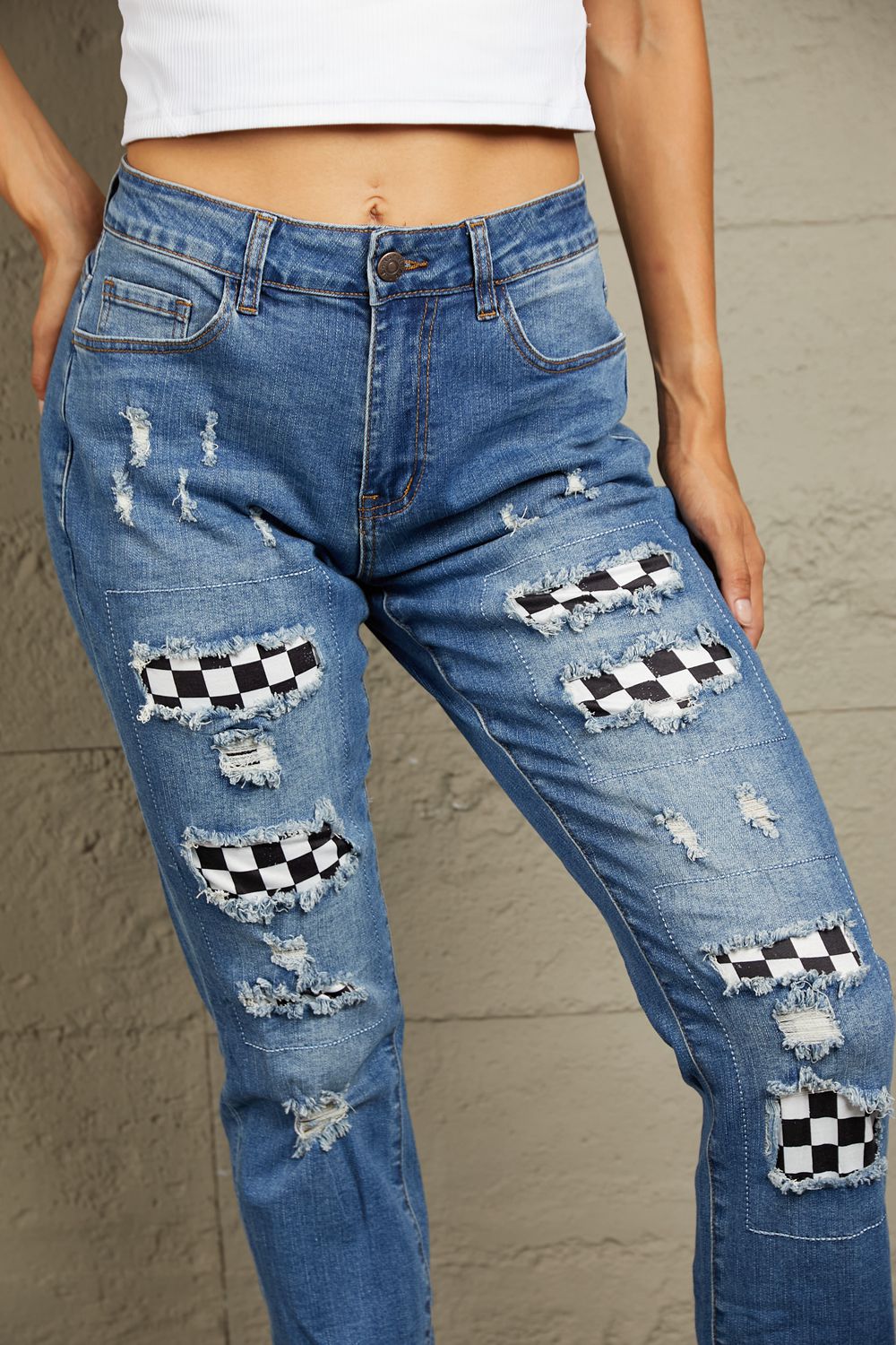 (S-2X) Radical Intentions Checkered Patchwork Mid Waist Distressed Jeans - BP