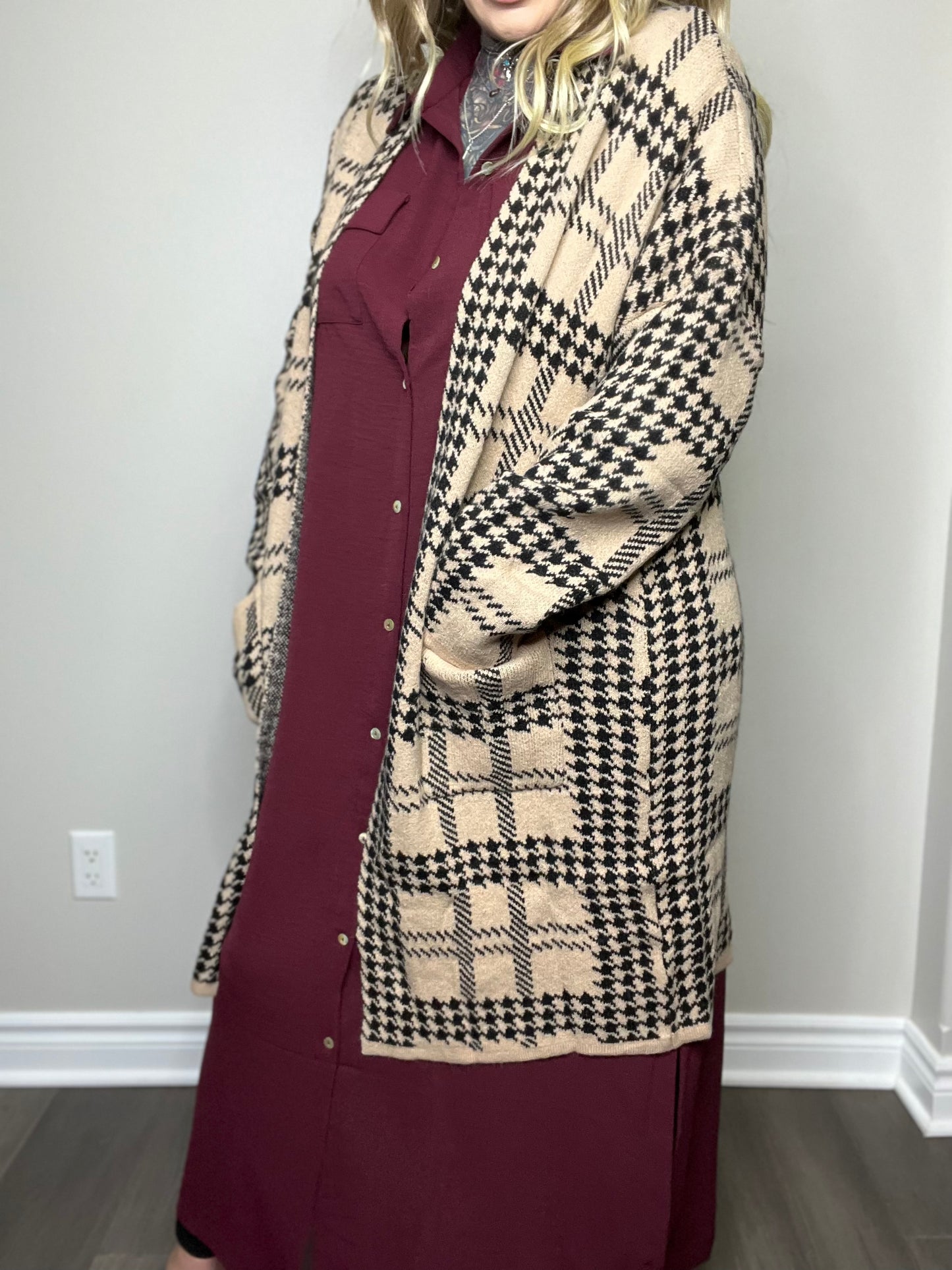 Rare Find Curvy Houndstooth Print Longline Cardigan