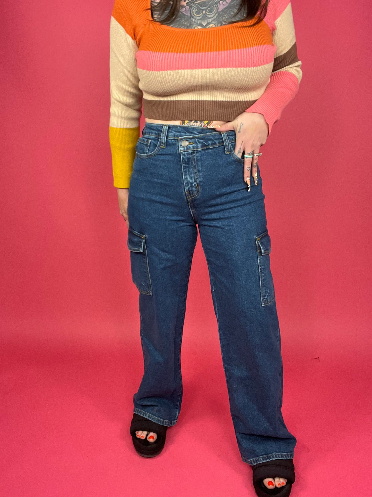 Vibrant M.I.U. - High Rise Crossed Waist Cargo Wide Jeans - BP