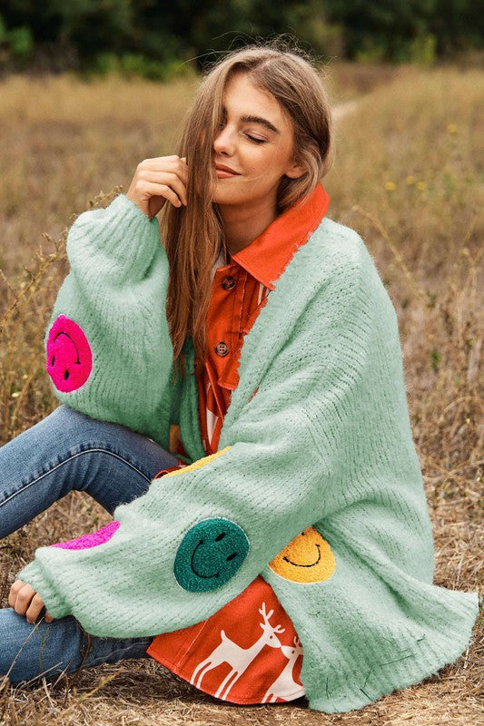 Keep Me Happy Fuzzy Smile Long Bell Sleeve Knit Cardigan