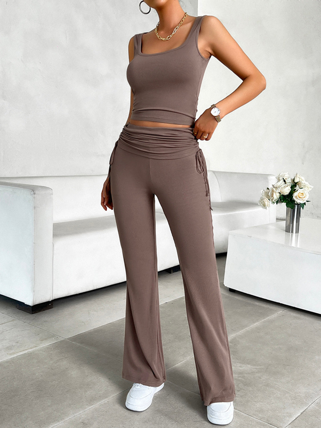 Sultry Mystique Square Neck Tank and Drawstring Pants Set (Multiple Colors)