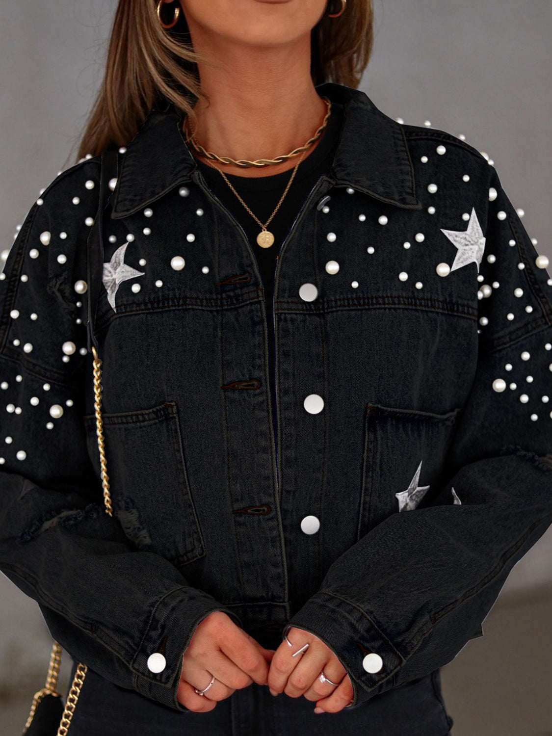 Oh My Lucky Stars Pearl Trim Button Up Denim Jacket with Pockets (Multiple Colors) - BP