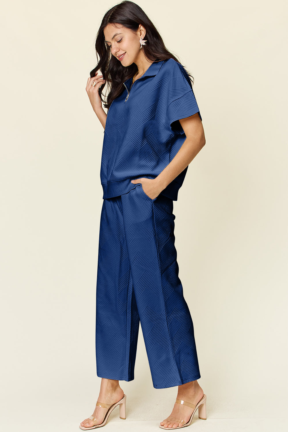 Trying Again Texture Half Zip Short Sleeve Top and Pants Set (Multiple Colors) - BP